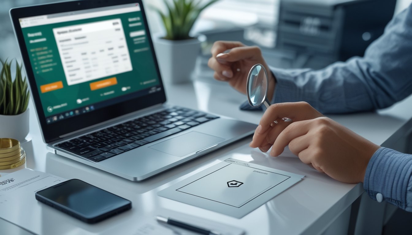 Seseorang memeriksa keamanan dan legalitas platform poker online menggunakan laptop, ponsel, dan simbol perlindungan digital.