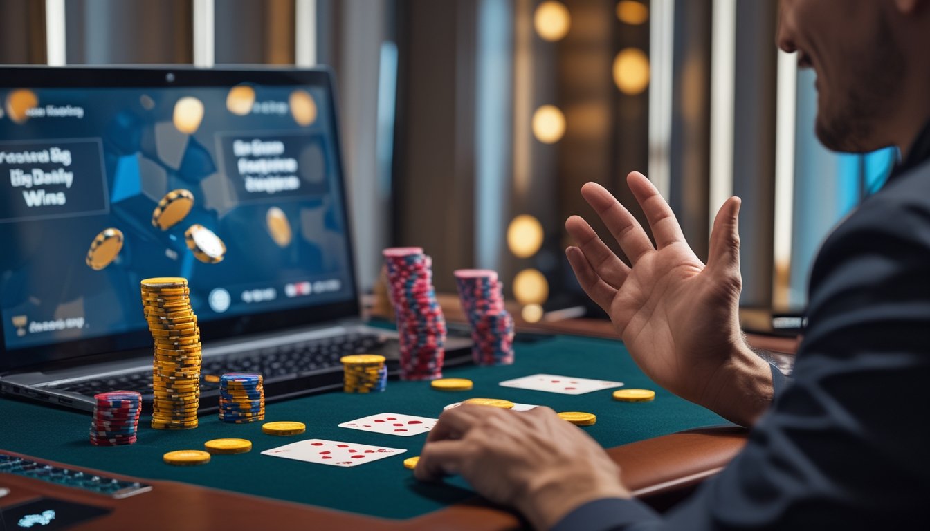 Pemain poker merayakan kemenangan di meja dengan kartu dan tumpukan chip.
