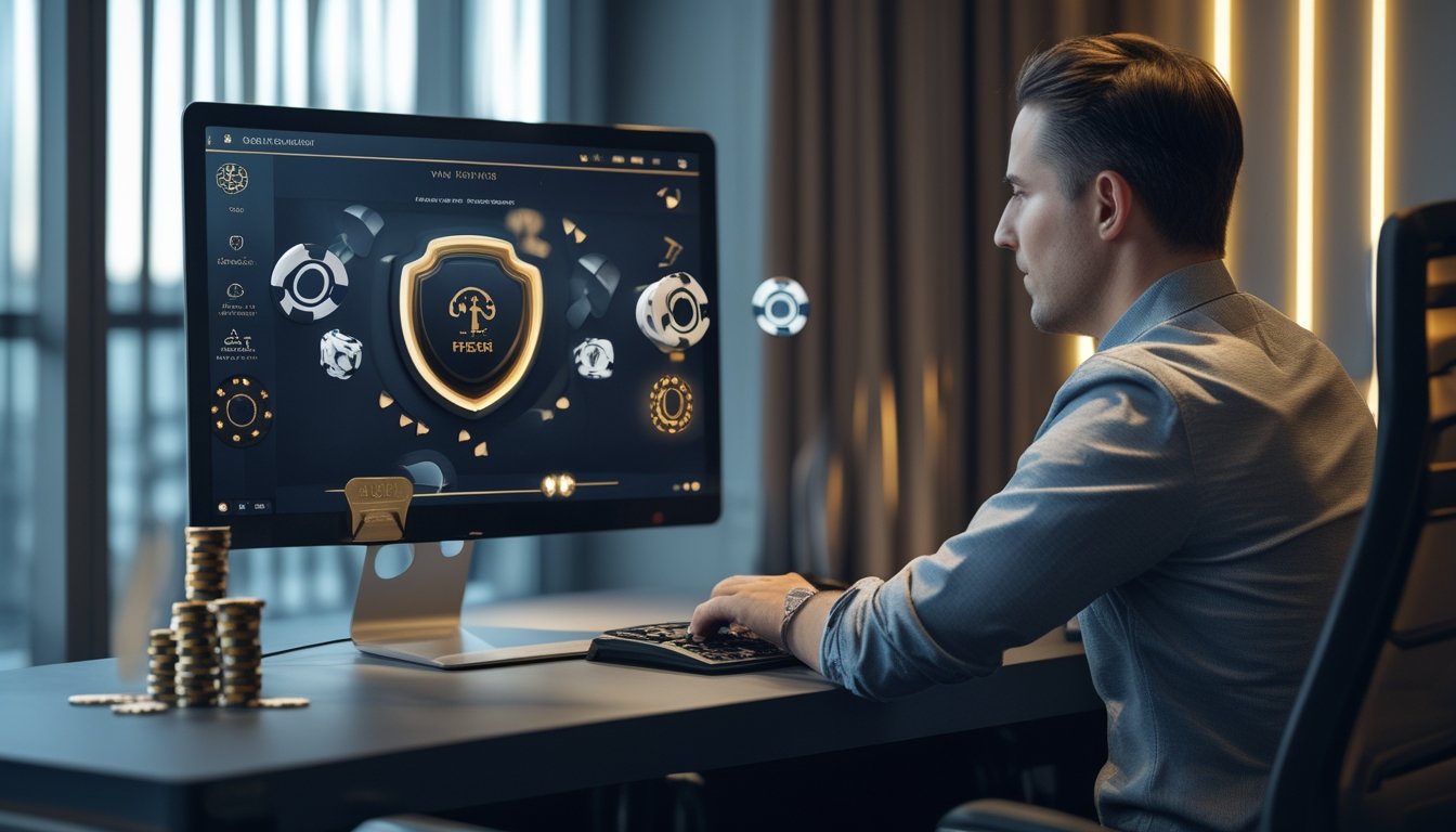 Seorang pemain dewasa melihat antarmuka poker daring di laptop dengan chip dan kartu di meja.