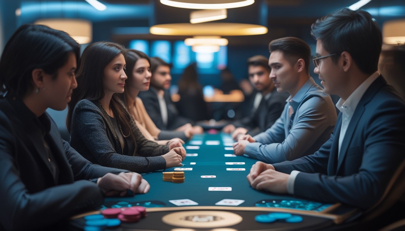 Sekelompok orang dewasa bermain poker di meja modern dengan kartu dan tumpukan keping taruhan.