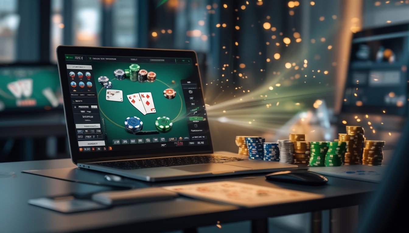 Laptop menampilkan meja poker digital dengan kartu dan tumpukan chip di ruang kerja modern.