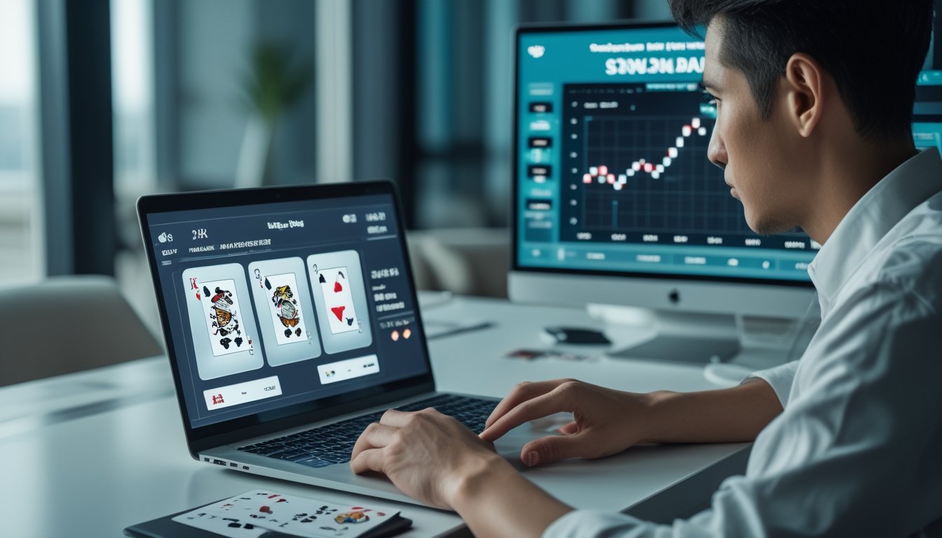 Pemain dewasa menganalisis permainan poker online di laptop dengan kartu, keping poker, dan grafik strategi di meja.