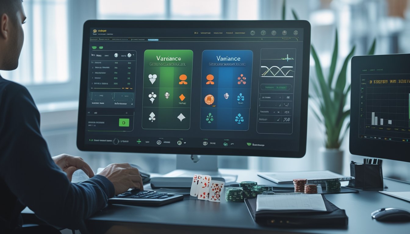 Seorang pemain menganalisis permainan poker online dengan kartu, keping poker, kalkulator, dan grafik statistik di meja kerja.