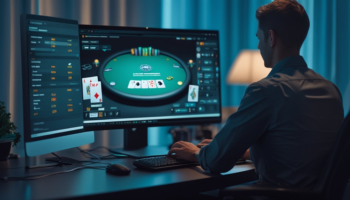 Seseorang bermain poker daring di depan komputer dengan kartu dan chip poker di layar.