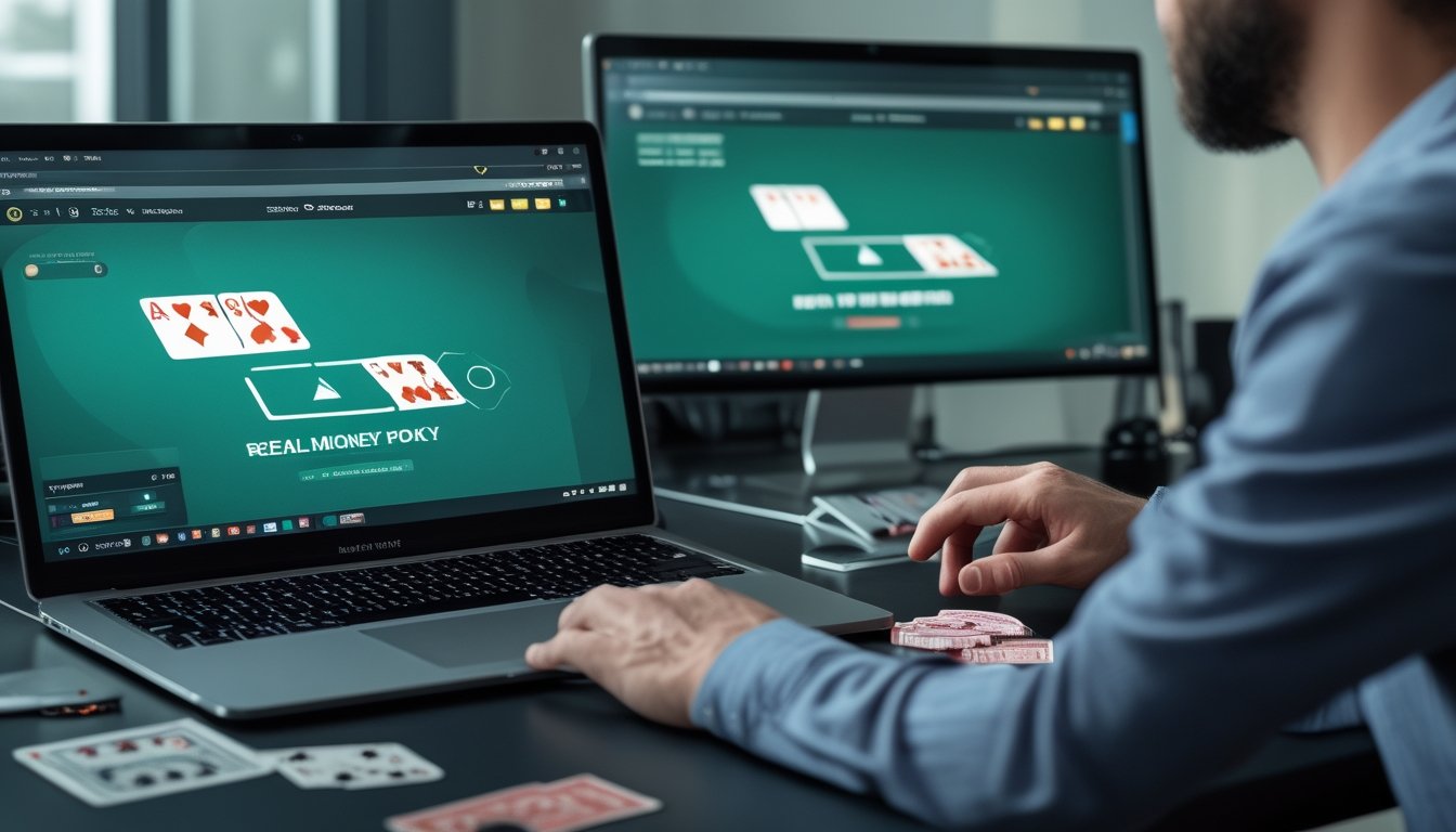 Laptop dengan tampilan permainan poker digital, kartu remi, keping poker, dan ponsel di atas meja.