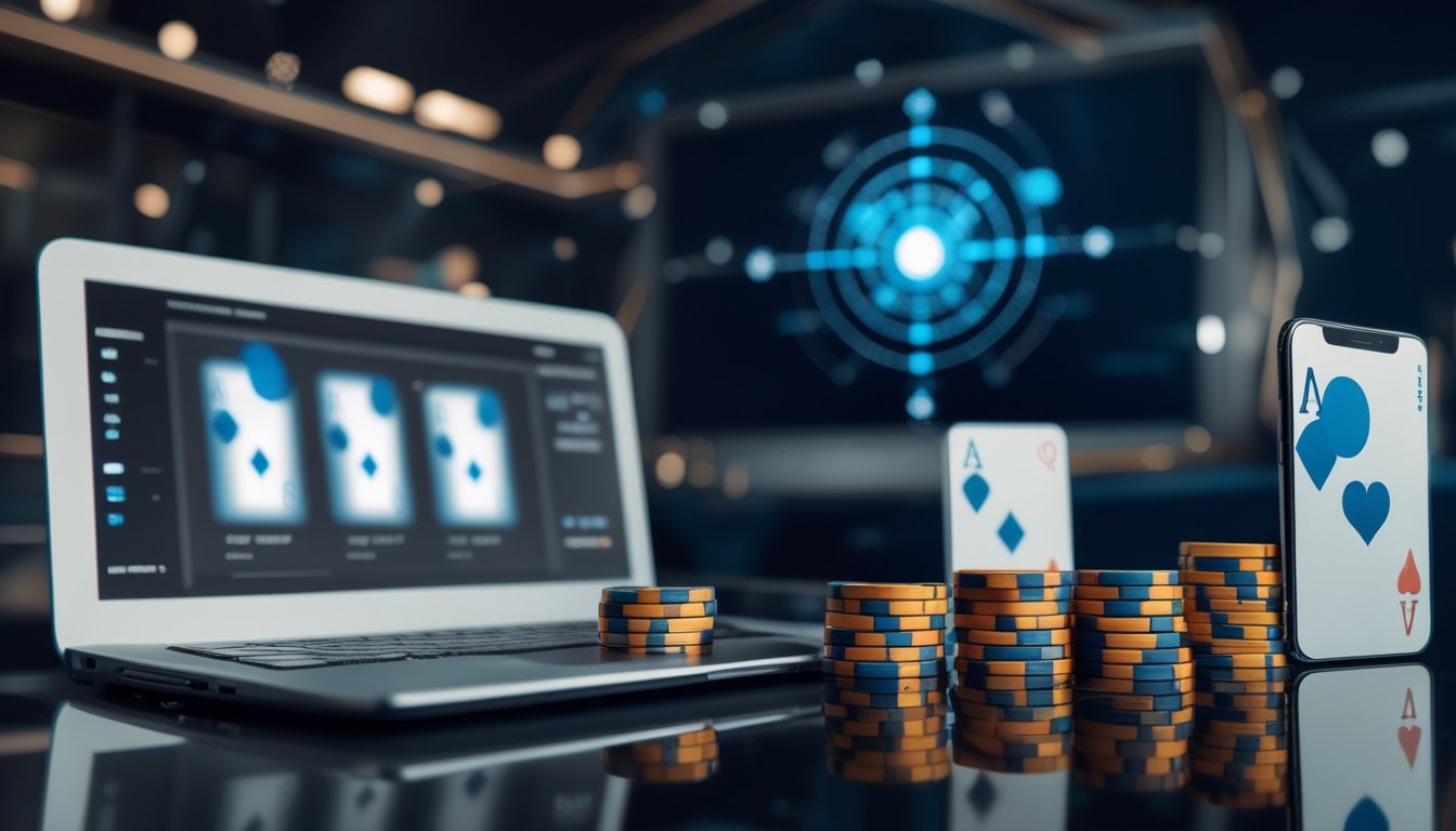 Laptop dan ponsel menampilkan permainan kartu digital di samping keping poker dalam suasana modern.