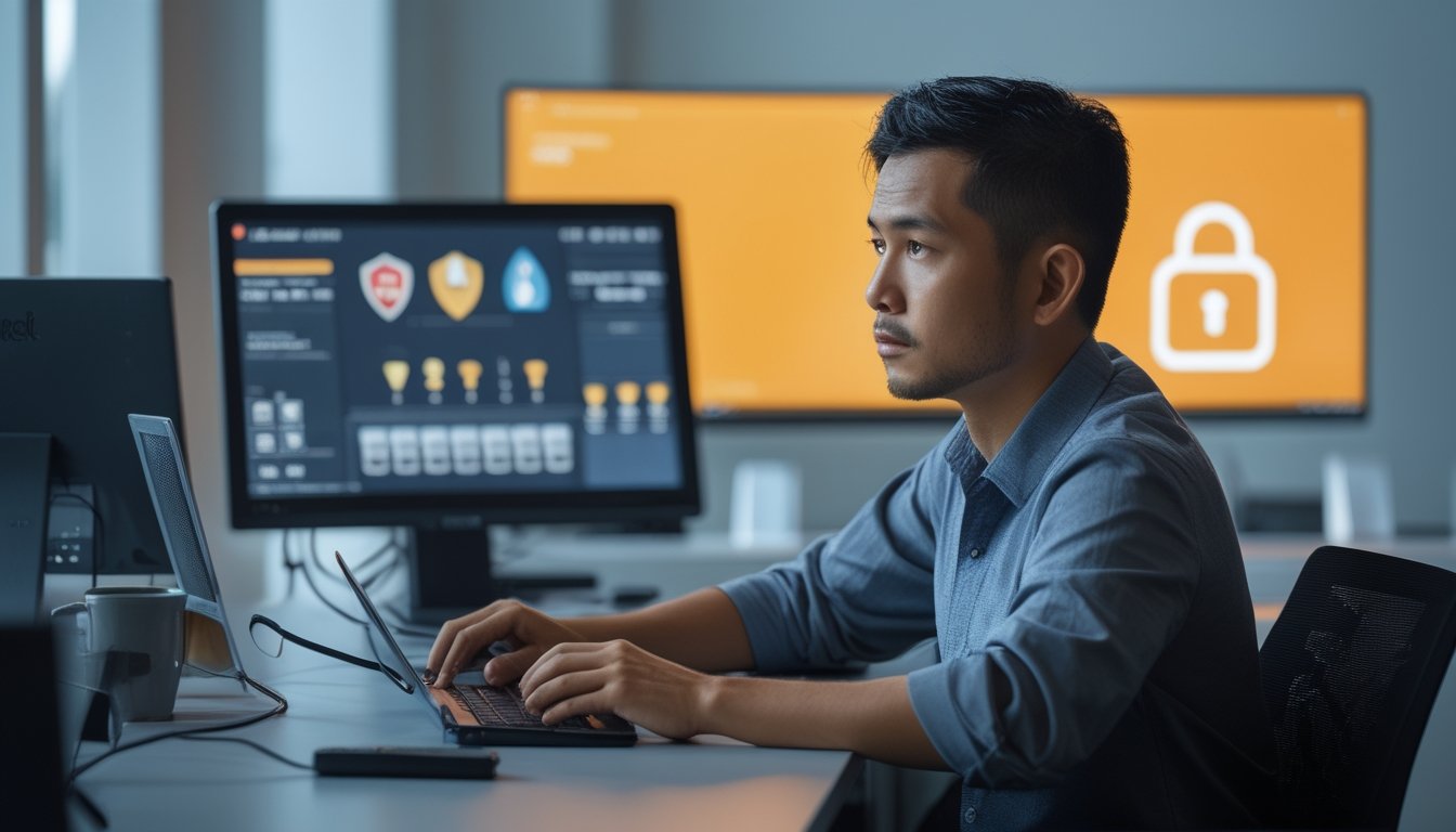 Pemain poker online tampak berhati-hati di depan laptop dengan simbol keamanan digital dan latar ruang server.