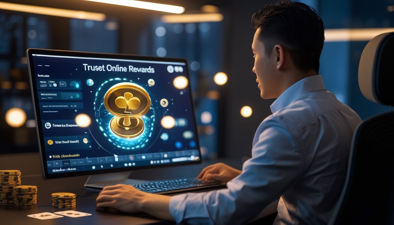 Seorang pemain duduk di depan laptop dengan kartu poker dan keping chip di meja.