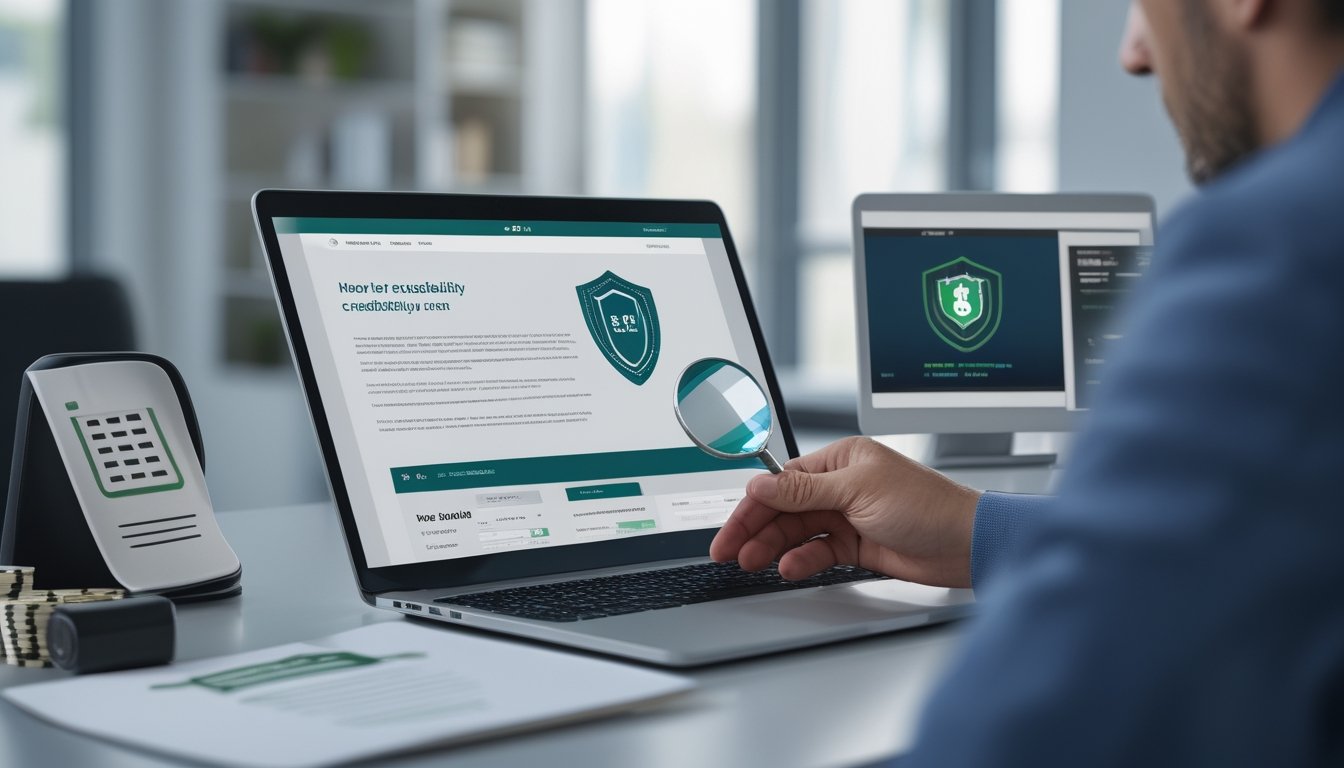 Seseorang memeriksa platform poker online di laptop dengan dokumen legal, gembok, dan simbol keamanan di meja.