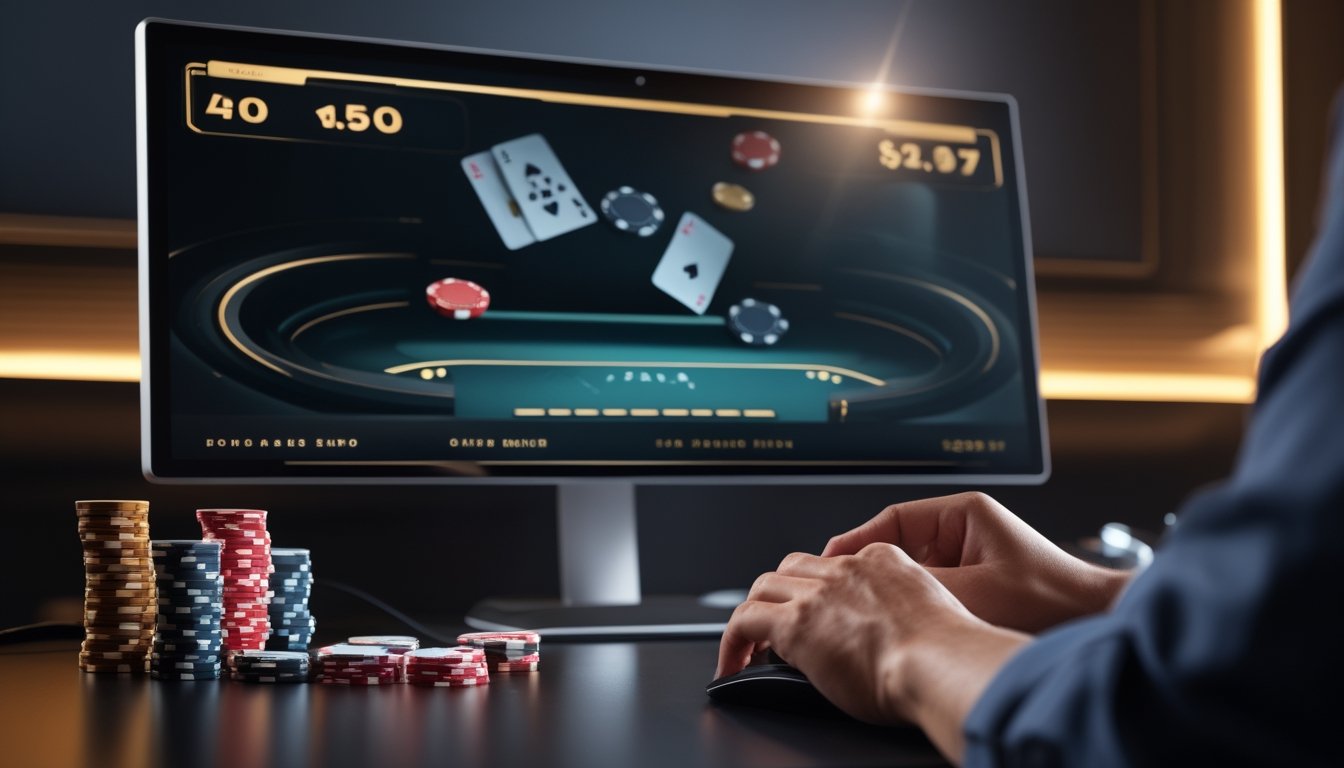Meja poker digital dengan kartu, tumpukan keping taruhan, dan monitor yang menampilkan permainan online.