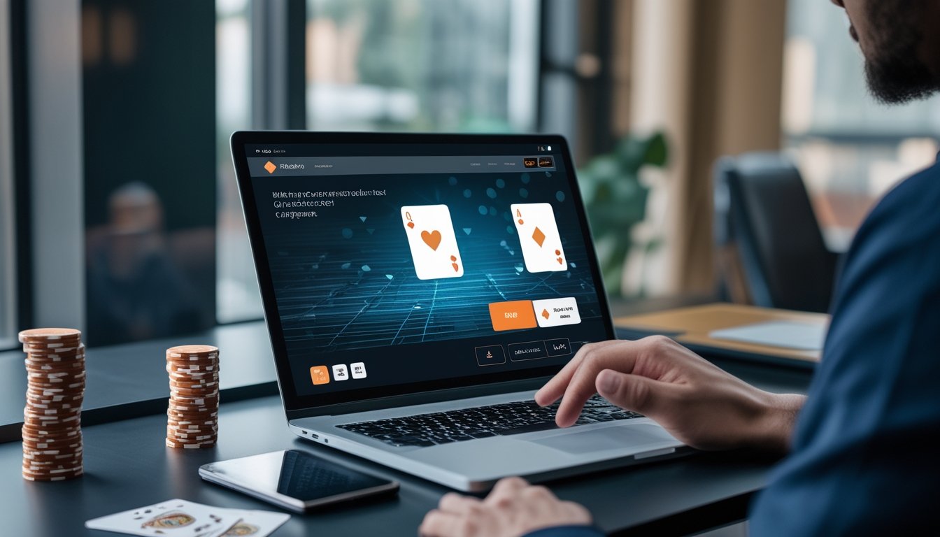 Seseorang mengevaluasi platform poker online di laptop dengan kartu dan keping poker di atas meja.