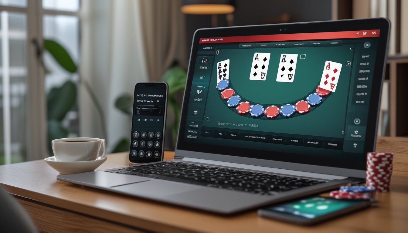 Laptop dan ponsel menampilkan permainan poker dengan kartu dan keping taruhan di meja kerja.
