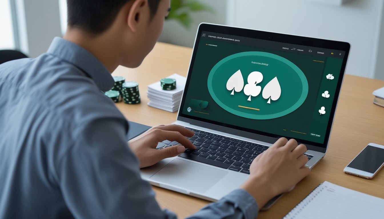 Seseorang mempelajari permainan poker daring dan pembayaran deposit melalui laptop di meja kerja.