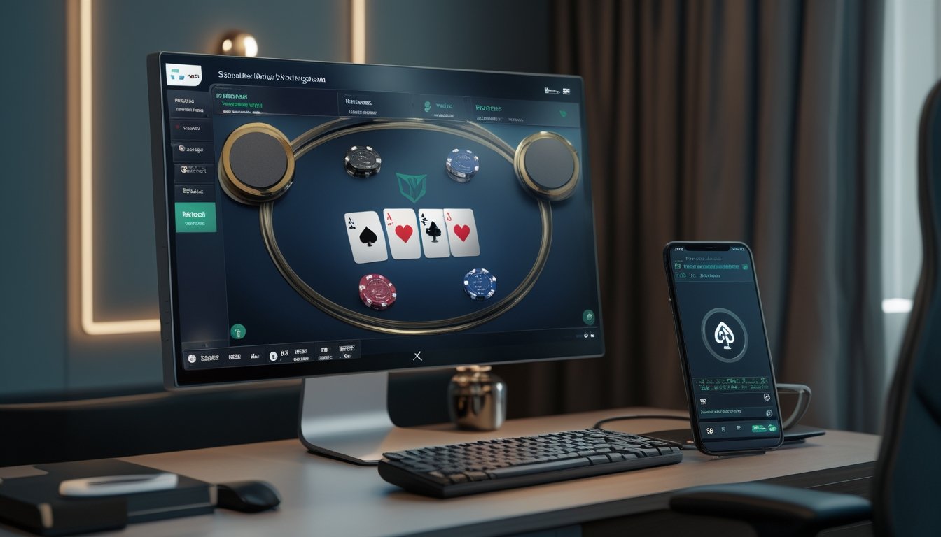 Komputer dan ponsel menampilkan permainan poker digital dengan simbol keamanan di ruang kerja modern.
