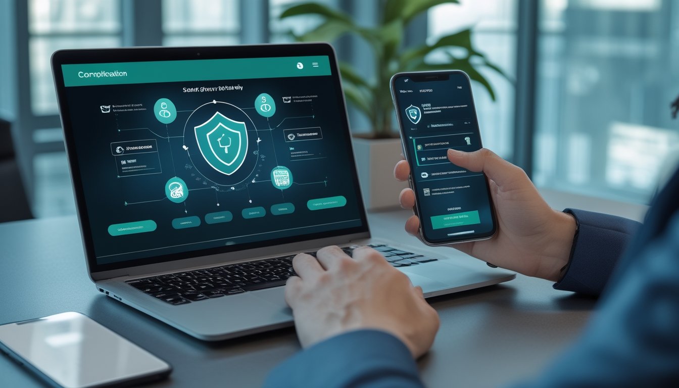 Seseorang memeriksa keamanan dan kredibilitas platform poker online melalui laptop dan ponsel di ruang kerja modern.