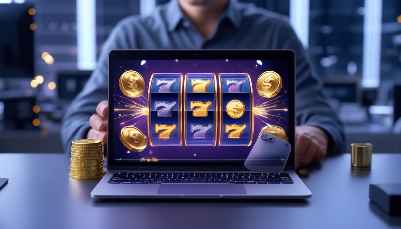 Seseorang menggunakan laptop dan ponsel dengan tampilan permainan digital berwarna-warni di meja kerja modern.