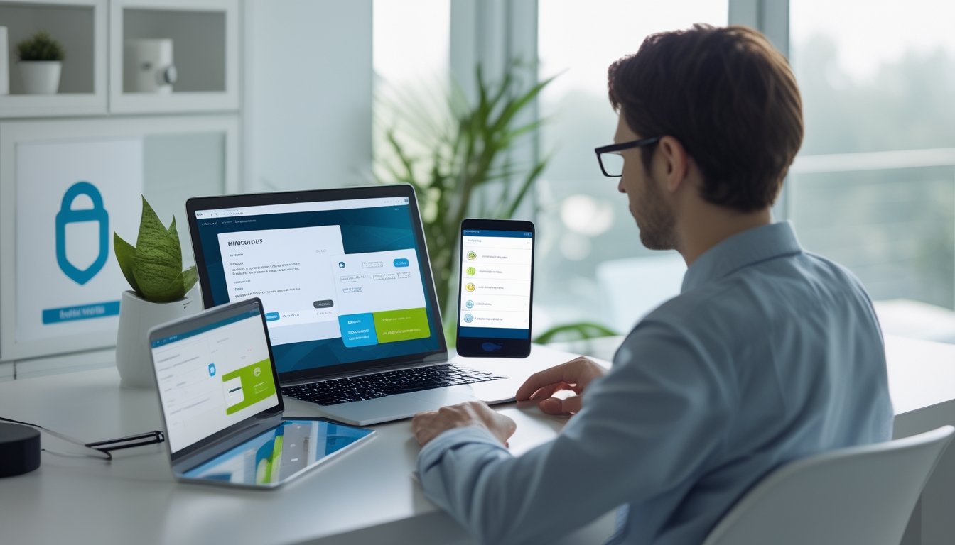 Seseorang membandingkan beberapa platform digital di laptop dan ponsel pada meja kerja.