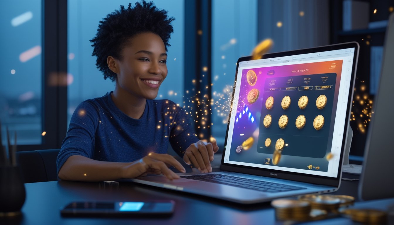 Orang dewasa tersenyum melihat laptop dengan tampilan permainan digital bercahaya di ruang kerja modern.