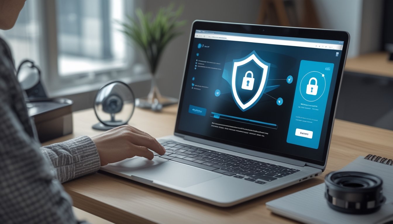 Seseorang memeriksa keamanan situs web pada laptop dengan ponsel dan perlengkapan verifikasi di meja.