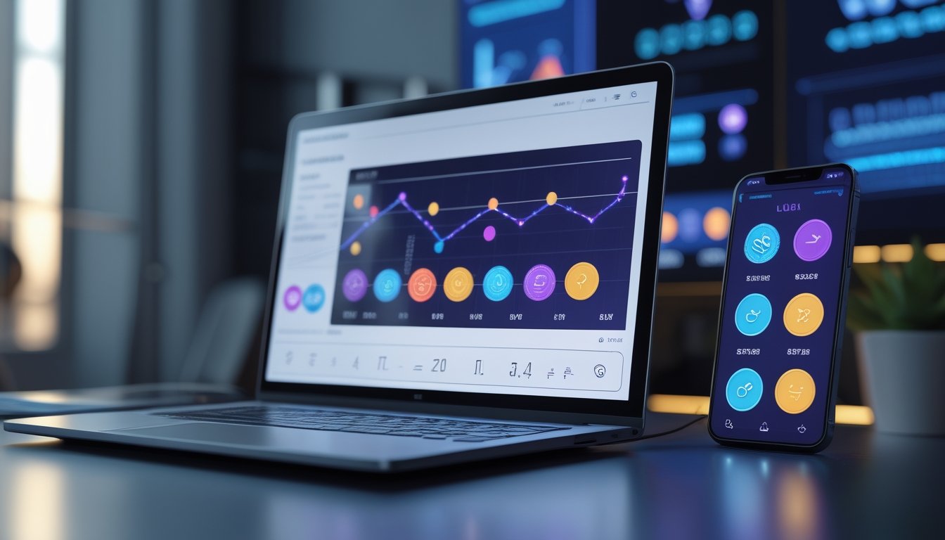 Laptop dan ponsel menampilkan dasbor analitik permainan digital dengan grafik dan ikon warna-warni di meja kerja modern.