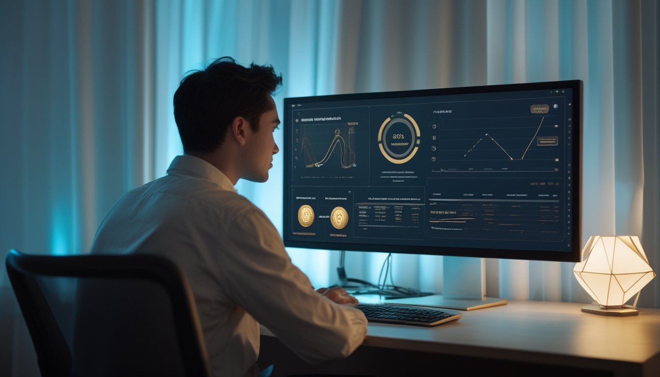 Seseorang menganalisis grafik probabilitas dan indikator permainan pada layar komputer.