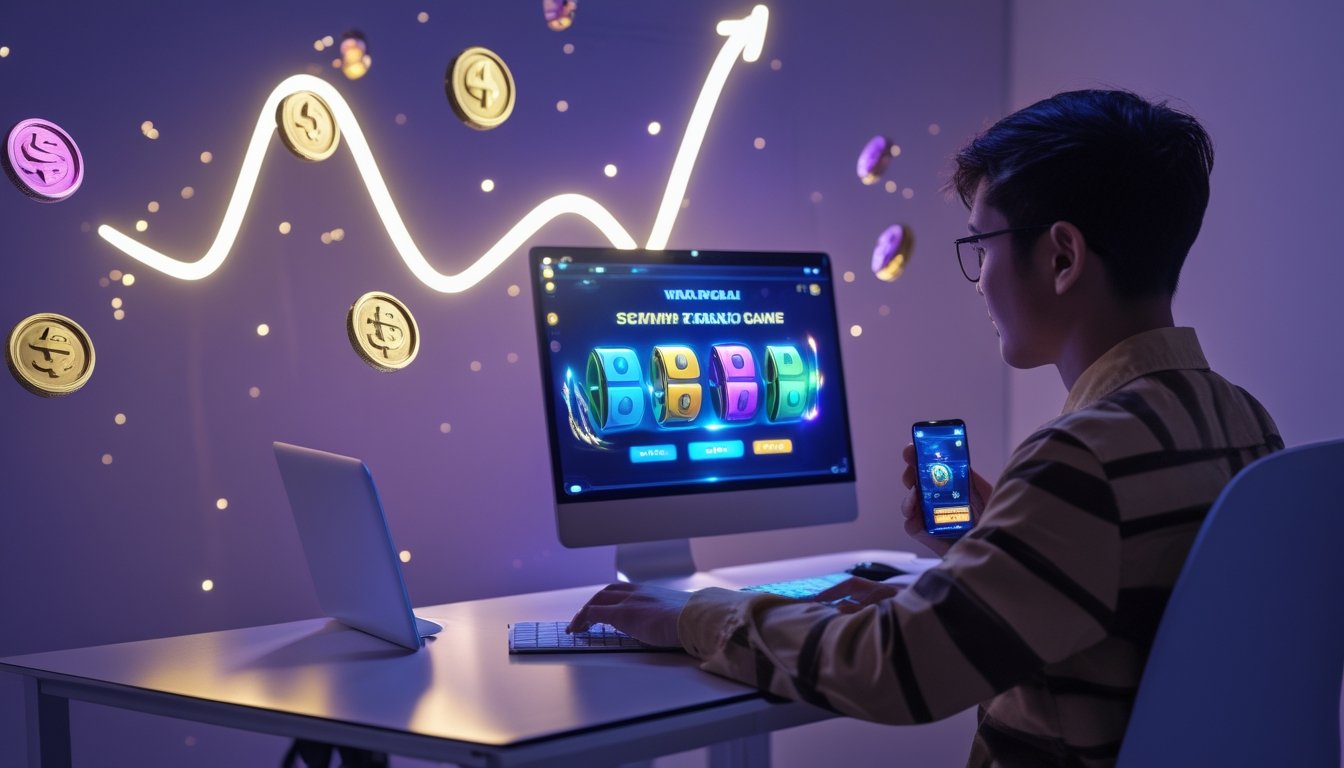 Seseorang menggunakan laptop dan ponsel di ruang kerja modern dengan tampilan permainan digital berwarna-warni.