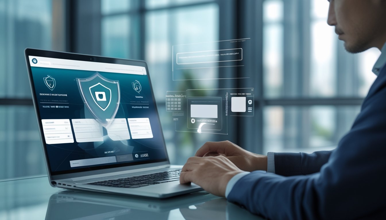 Seorang profesional menggunakan laptop di ruang kerja modern dengan simbol keamanan digital dan perlindungan data.