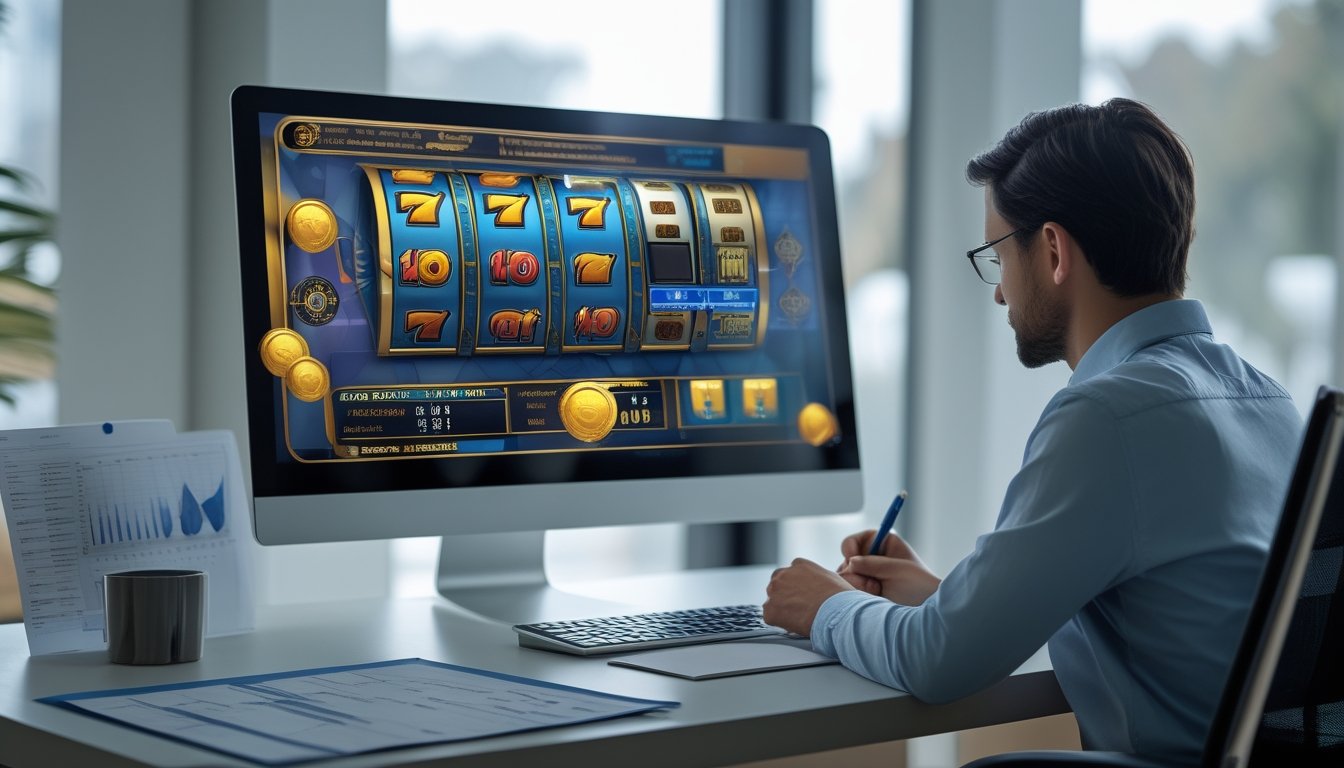 Seseorang menganalisis permainan slot digital di meja kerja dengan kalkulator dan catatan.