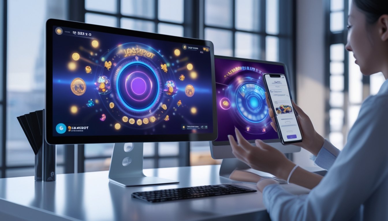 Tangan seseorang menggunakan ponsel dan komputer dengan tampilan permainan digital berwarna-warni di meja modern.