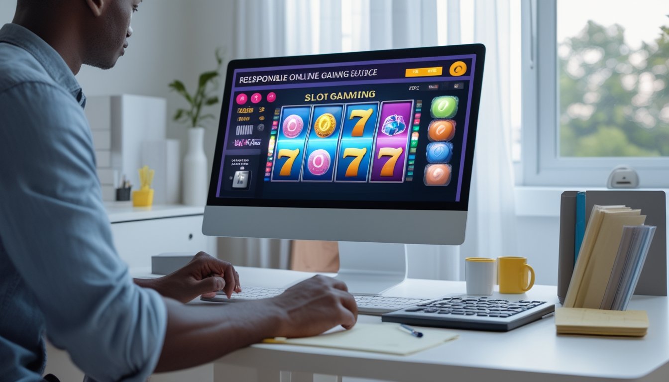 Orang dewasa melihat permainan slot digital di laptop sambil mencatat di meja kerja.