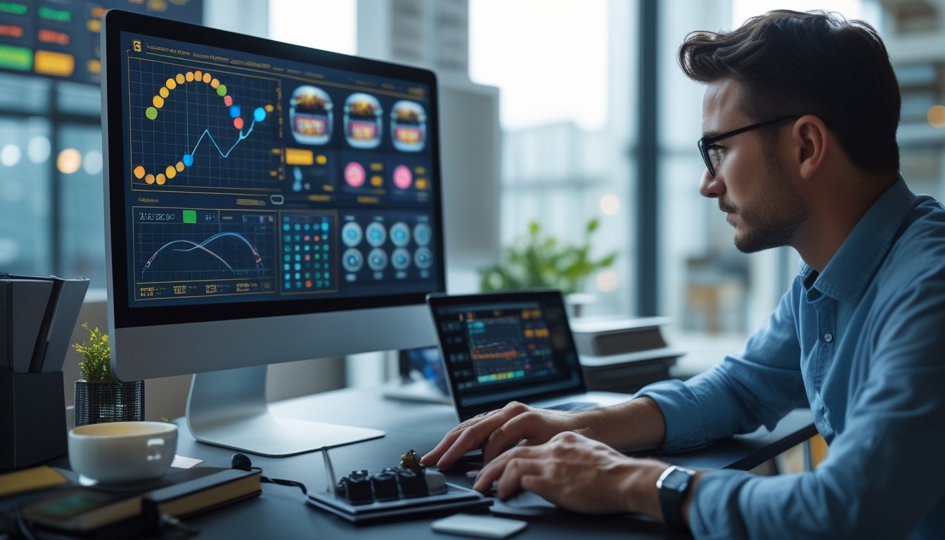 Seorang analis mempelajari grafik dan simbol permainan slot di ruang kerja modern.