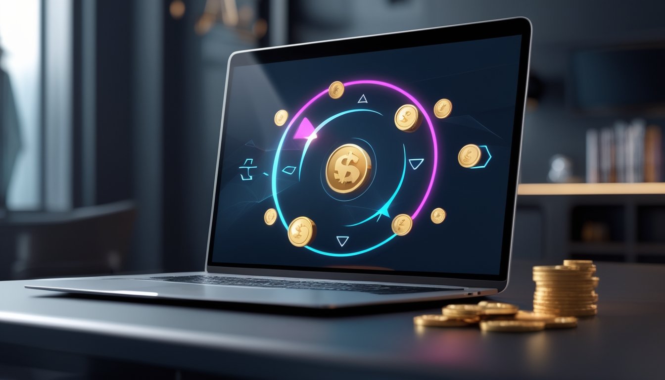 Meja modern dengan laptop dan ponsel yang menampilkan antarmuka permainan digital abstrak berwarna-warni.