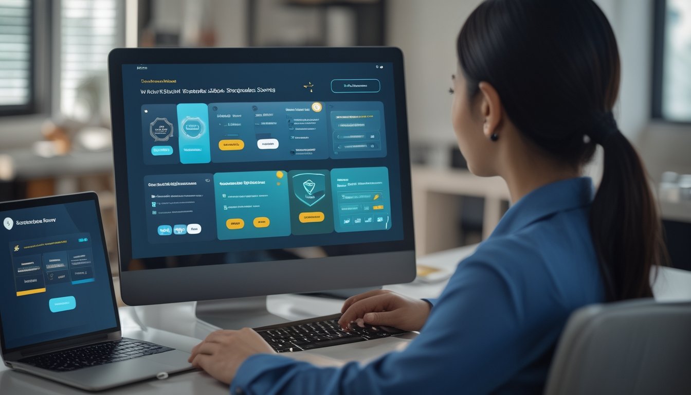 Orang dewasa membandingkan keamanan dan fitur platform slot online melalui laptop dan ponsel di ruang kerja modern.