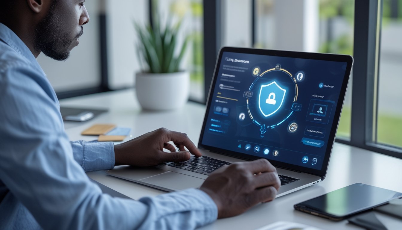 Orang dewasa menggunakan laptop untuk mendaftar akun keanggotaan VIP secara online di meja kerja modern.