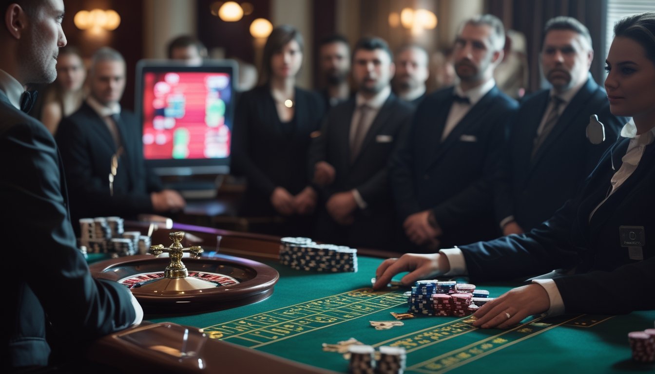 Suasana kasino modern dengan dealer dan pemain dewasa di sekitar meja roulette dan kartu.