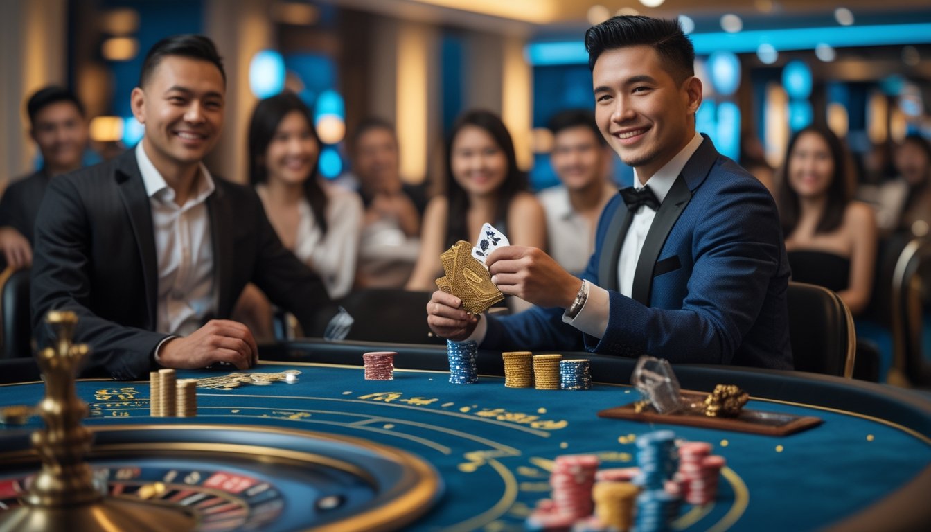 Pembawa acara kasino memandu permainan kartu dan roulette di ruang kasino modern.