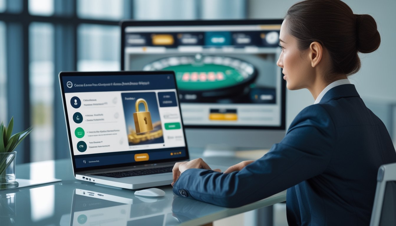 Analis dewasa memeriksa keamanan platform kasino live online dengan simbol perisai, gembok, dan daftar verifikasi di meja kerja.