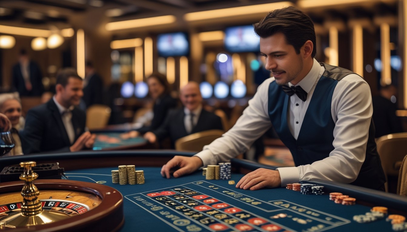 Suasana kasino modern dengan meja roulette, kartu, chip, dan dealer profesional bersama para pemain dewasa.