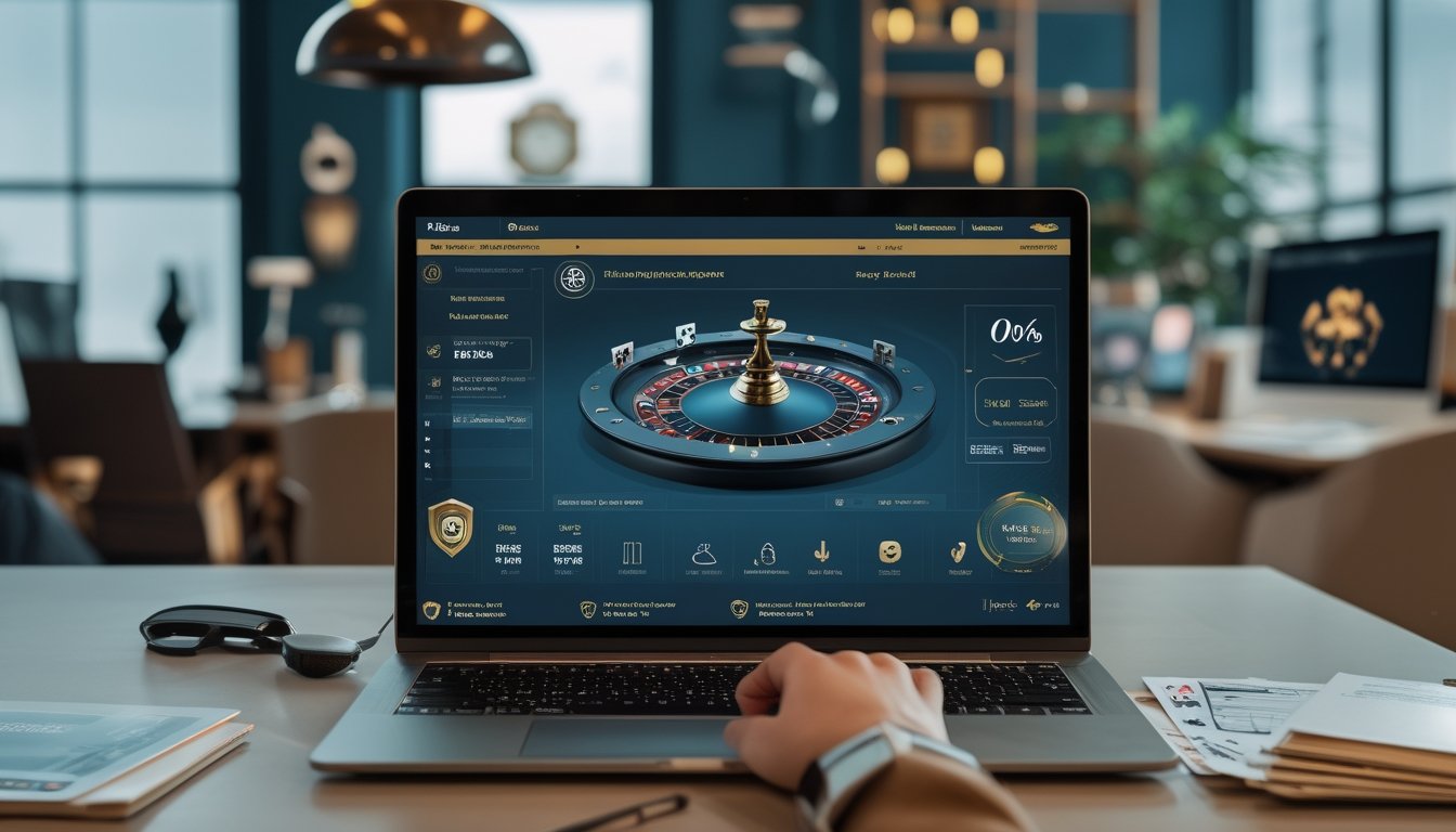 Seseorang meninjau platform kasino live online dengan simbol keamanan di laptop.