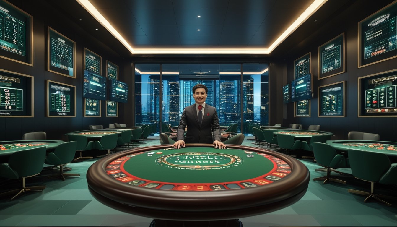 Studio kasino online mewah dengan dealer profesional, meja permainan, kartu, dan keping kasino.