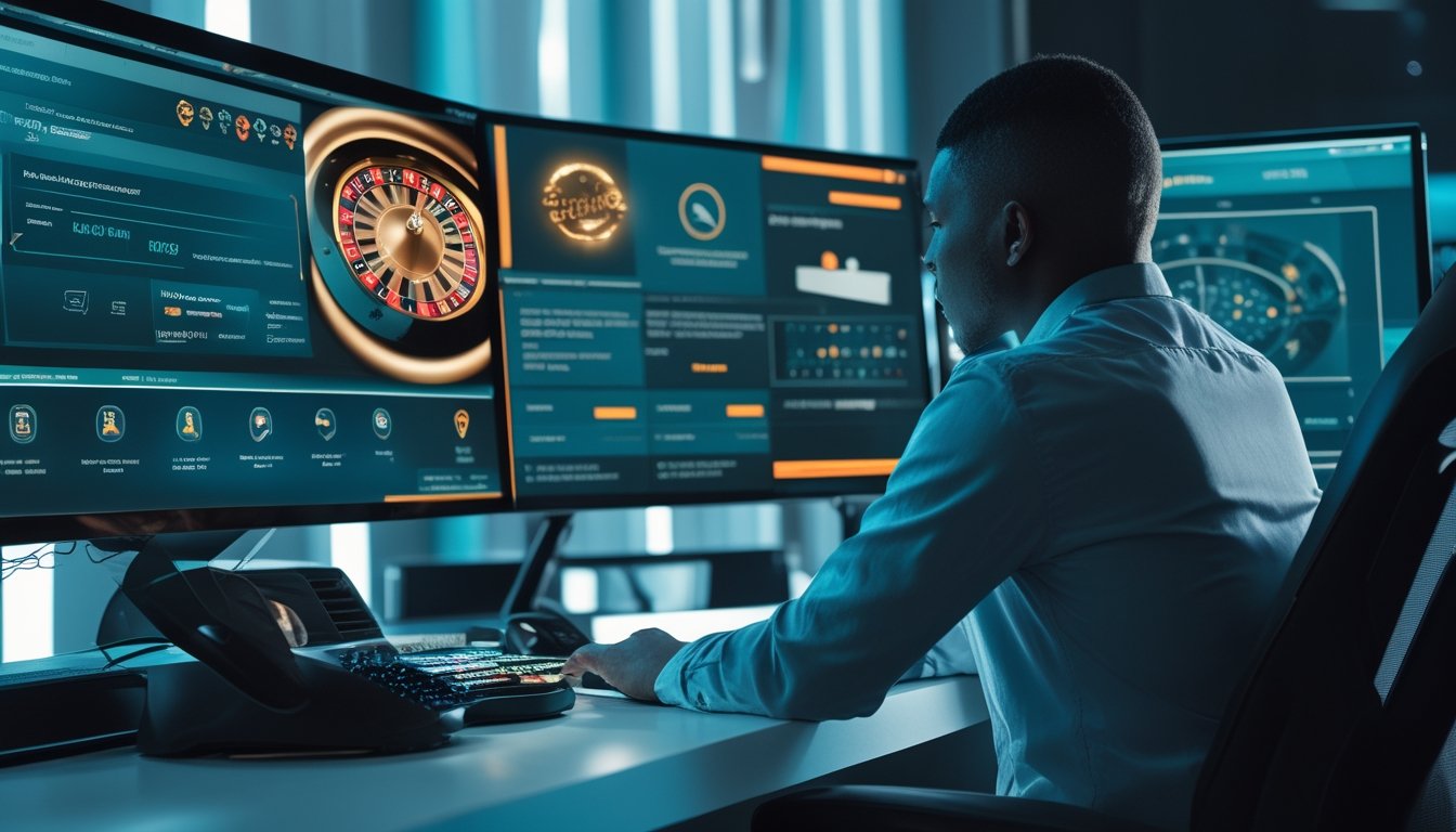 Orang dewasa membandingkan beberapa platform kasino daring pada monitor di meja kerja modern dengan simbol keamanan digital.