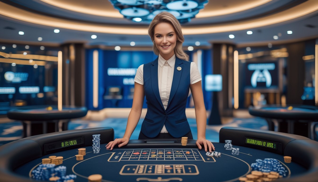 Dealer dewasa memandu permainan kasino langsung di studio modern dengan kartu, roda roulette, dan keping kasino.
