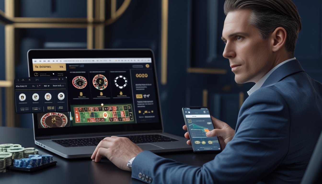 Seorang analis meninjau platform kasino langsung melalui laptop dan ponsel di ruang kerja modern.