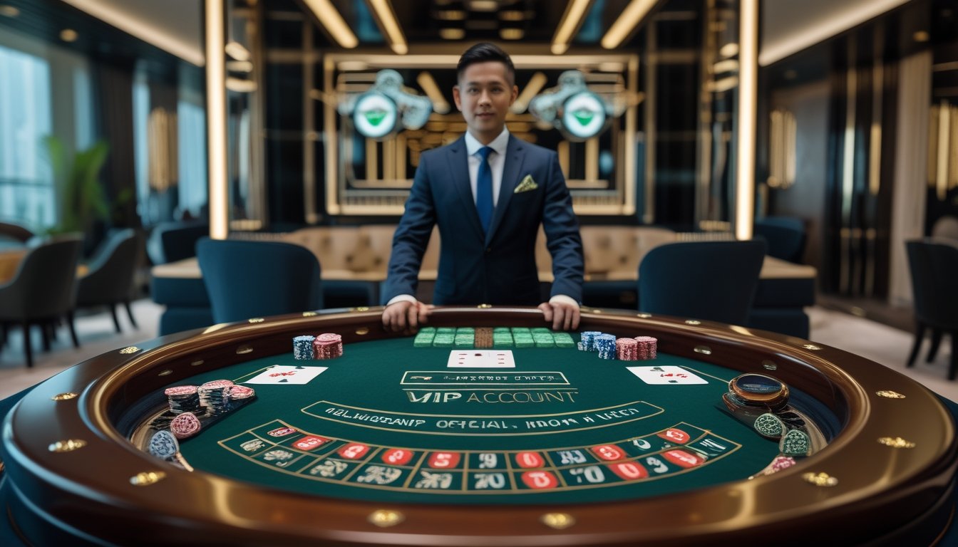 Host menyambut tamu di ruang kasino elegan dengan meja roulette, kartu, dan keping taruhan.