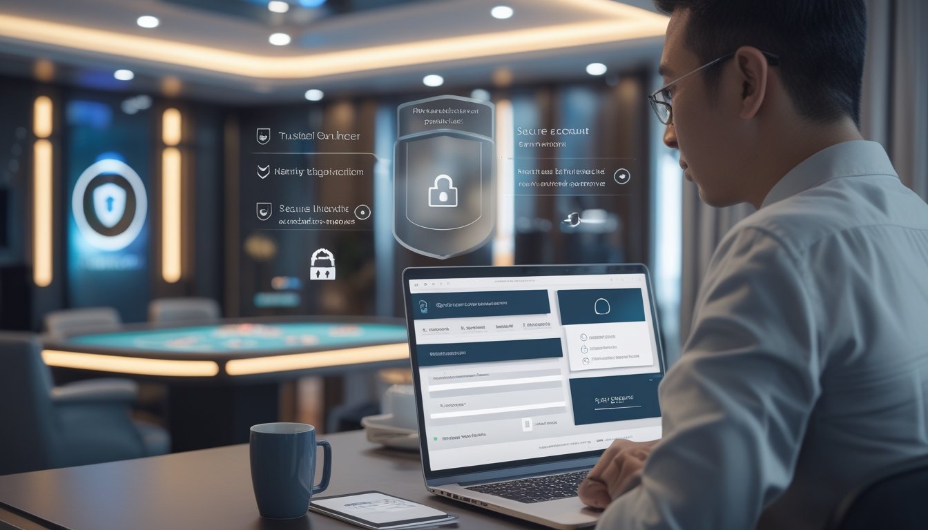 Pengguna Indonesia memeriksa platform kasino langsung dengan simbol keamanan di laptop dan ponsel.