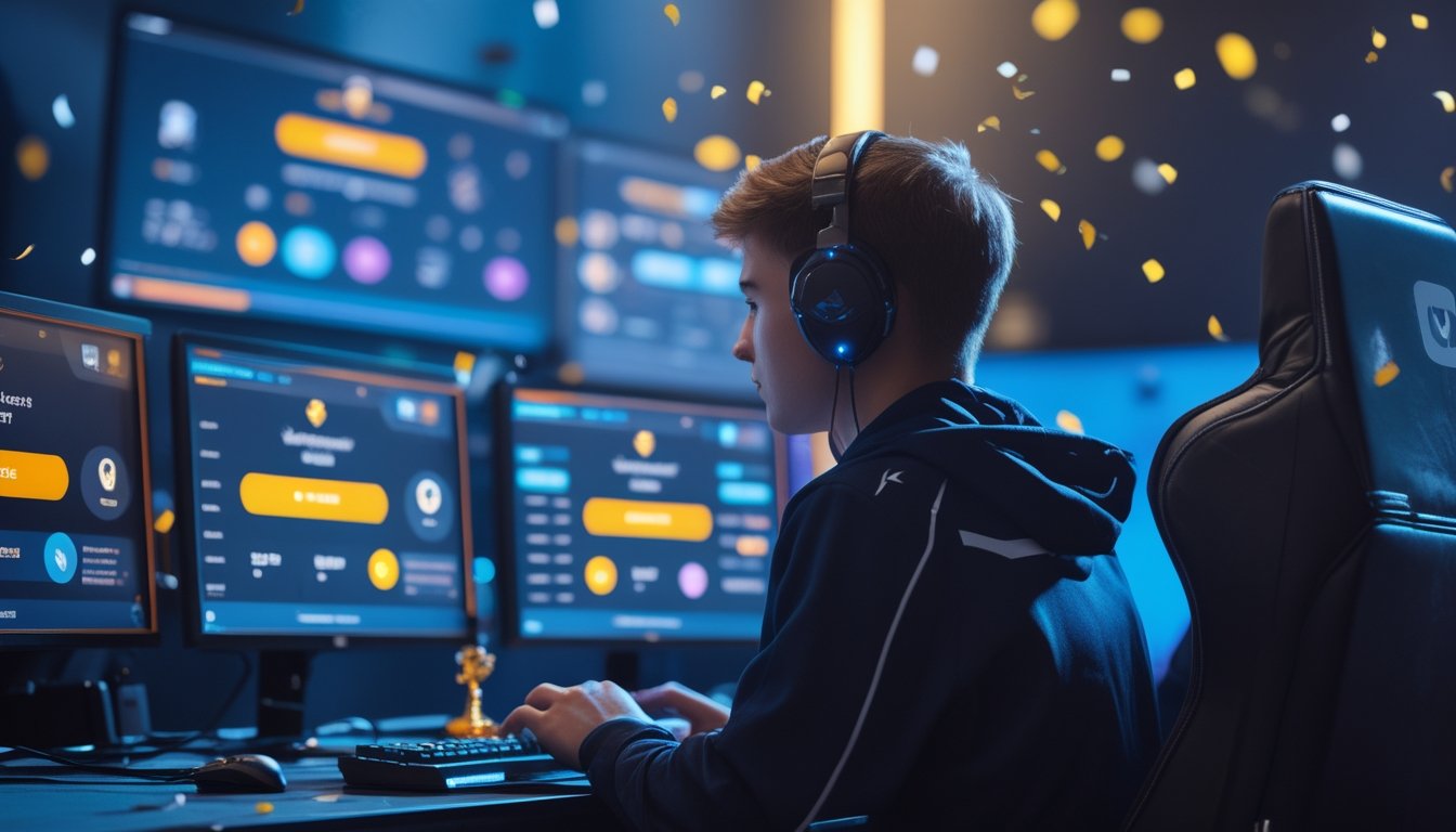 Pemain esports dewasa bermain di depan beberapa monitor dalam studio modern dengan pencahayaan biru dan ungu, trofi, serta simbol keamanan digital.