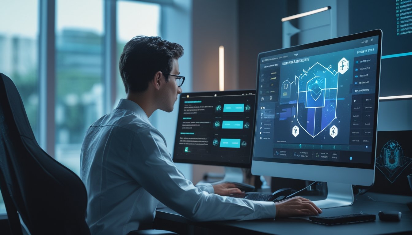 Seorang analis esports memeriksa platform digital dengan indikator keamanan di ruang kerja modern.