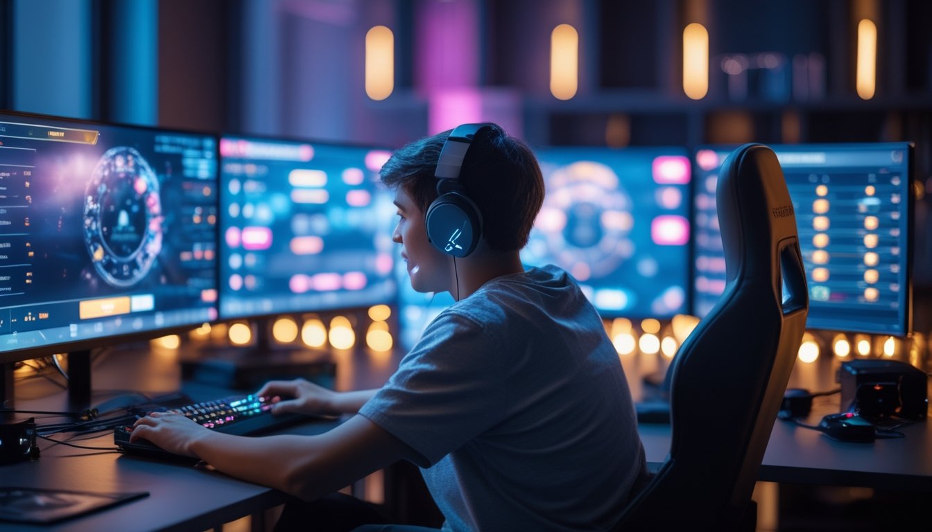 Seorang pemain esports fokus bermain di meja gaming modern dengan beberapa monitor bercahaya.