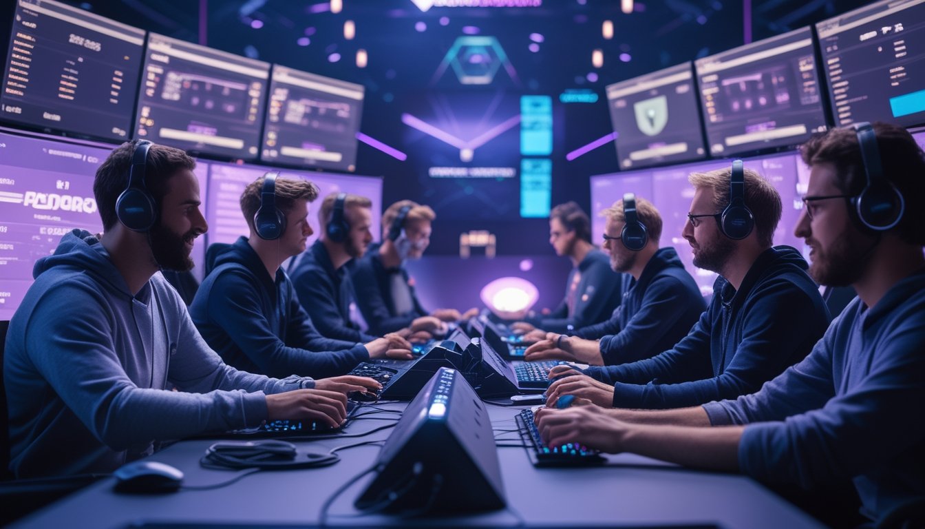 Sekelompok penggemar esports menganalisis pertandingan di depan beberapa monitor dalam ruang gaming modern.
