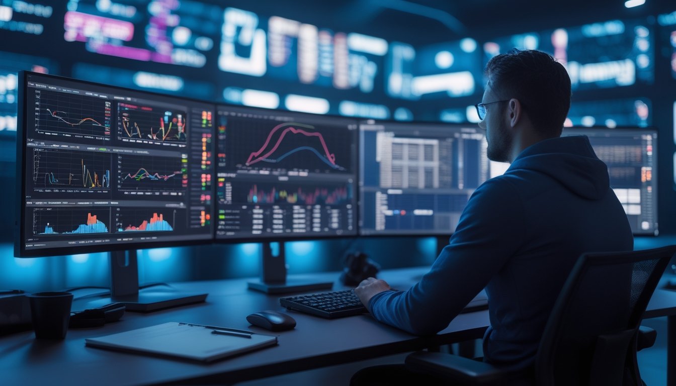 Seorang analis mempelajari data pertandingan esports dan grafik peluang di beberapa monitor.